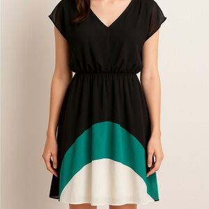 Women’s Colorblock V-Neck Dress Black Green White Flowy Chiffon Knee-Length 6